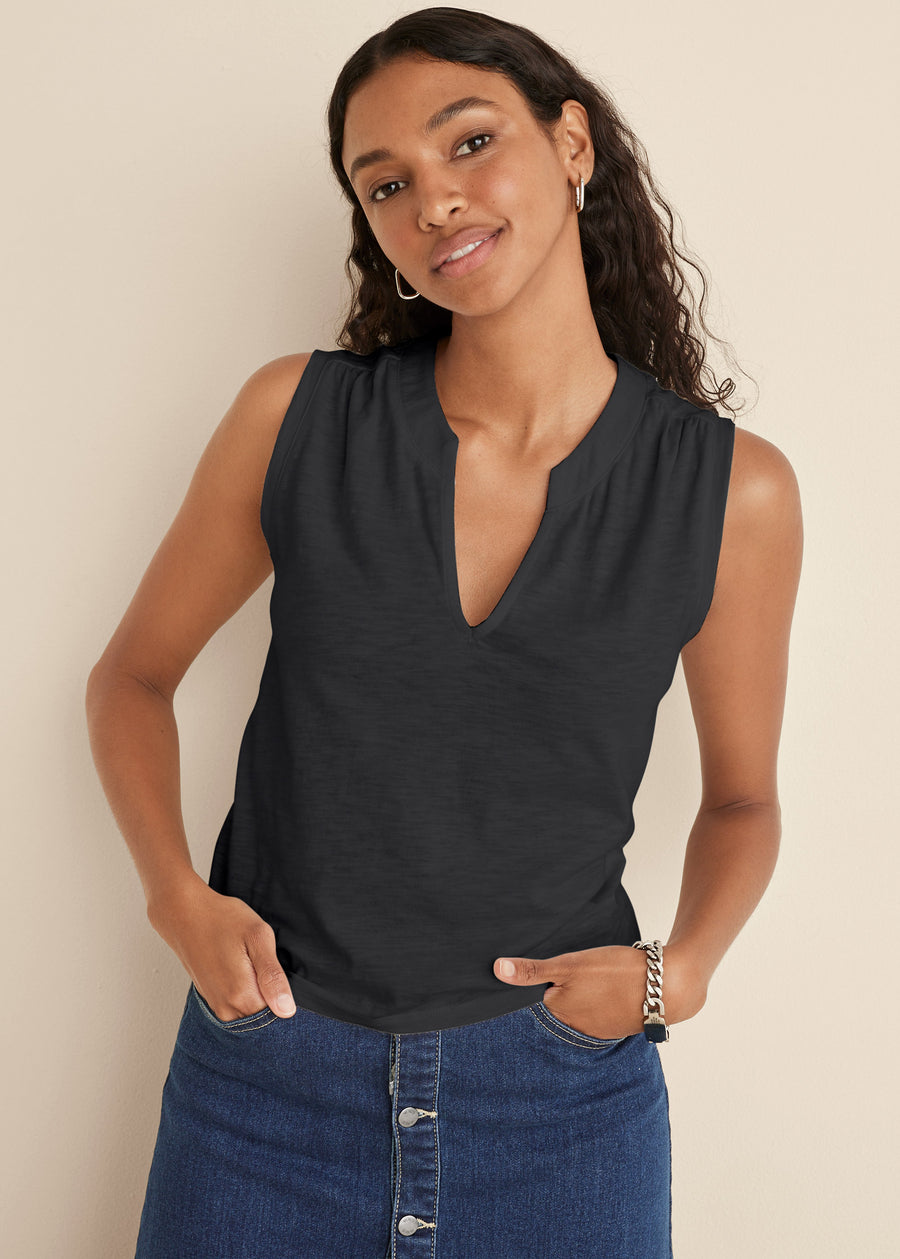 V-Neck Shirred Tank - Black