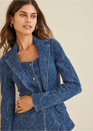 Lace Print Denim Blazer - Medium Wash - thumbnail-5