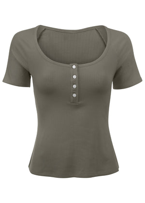 Haut manches courtes Henley - Olive - thumbnail-2