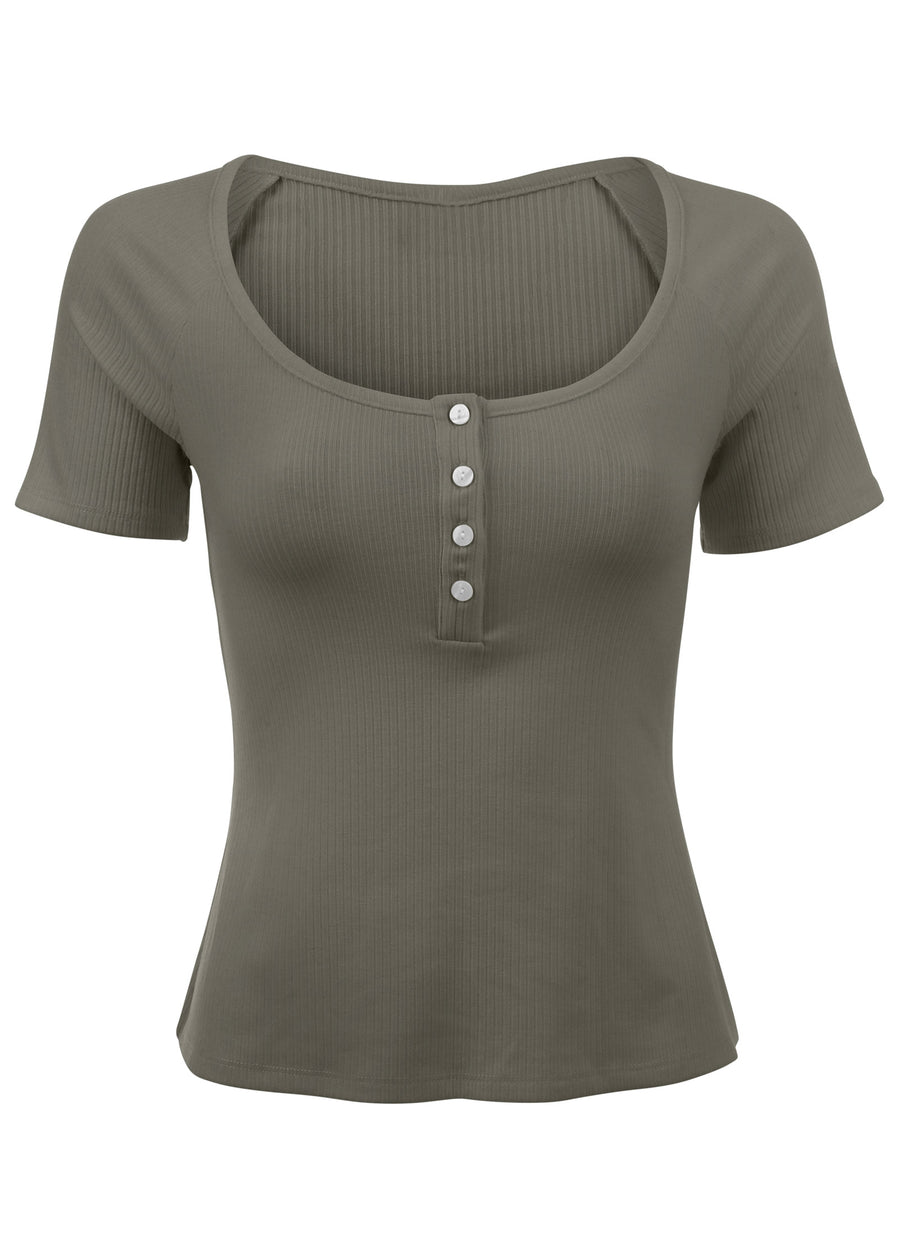 Haut manches courtes Henley - Olive