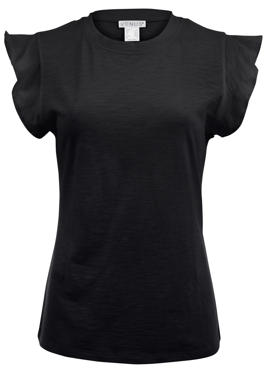 Ruffle Sleeve Tee - Black