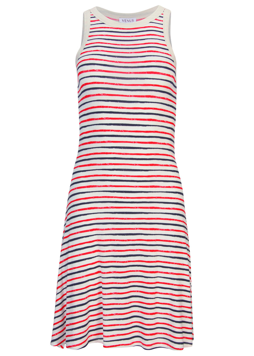 Printed Rayon Span Dress - Tricolor Boardwalk Stripe