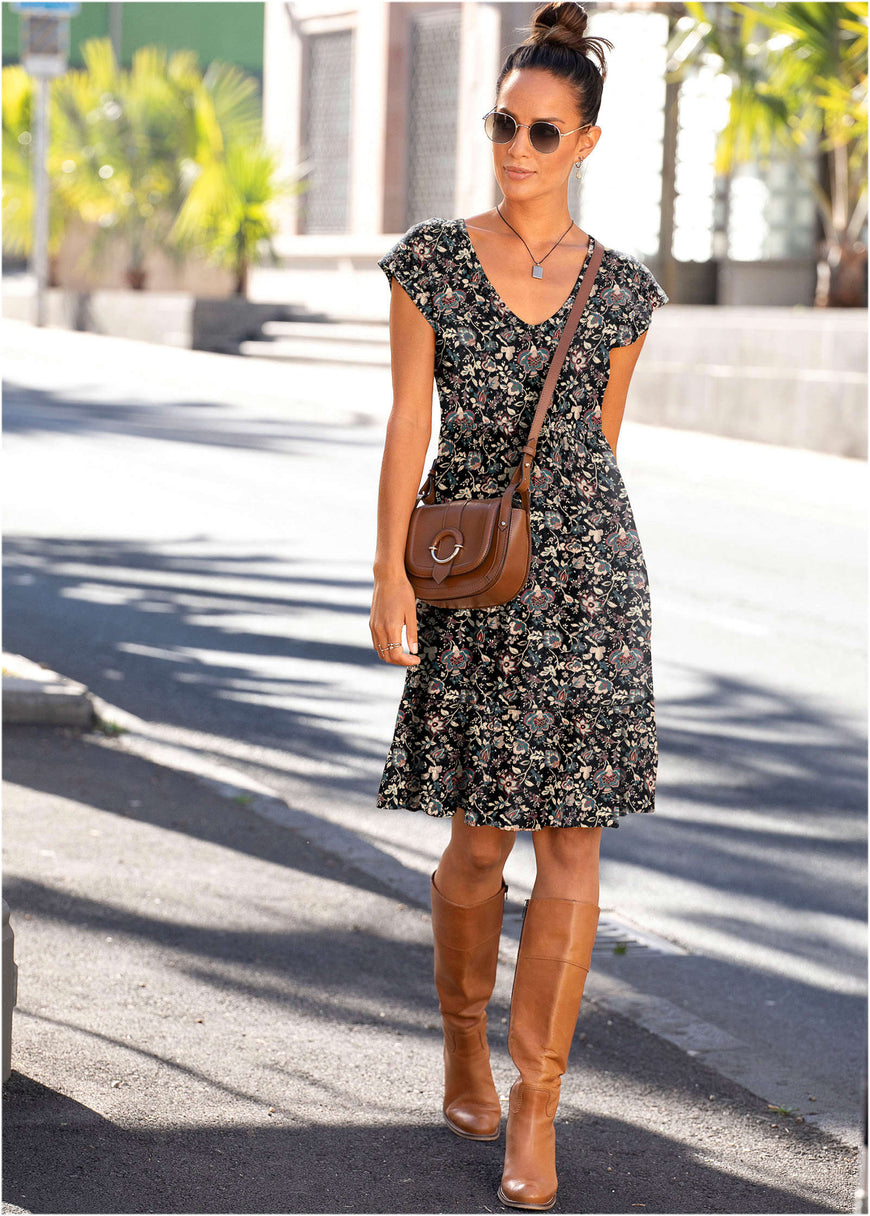 Robe courte col V - Noir Floral