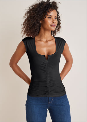 Ruched Cap Sleeve Top - Black - thumbnail-1