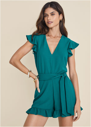 Fluted satin romper - Teal - thumbnail-1