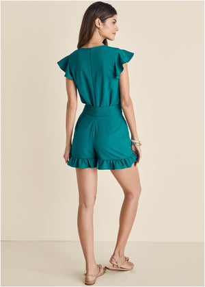 Fluted Satin Romper - Teal - thumbnail-2