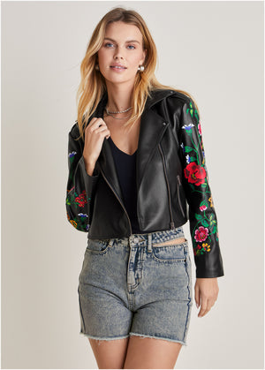 Printed Faux-Leather Jacket - Black - thumbnail-1