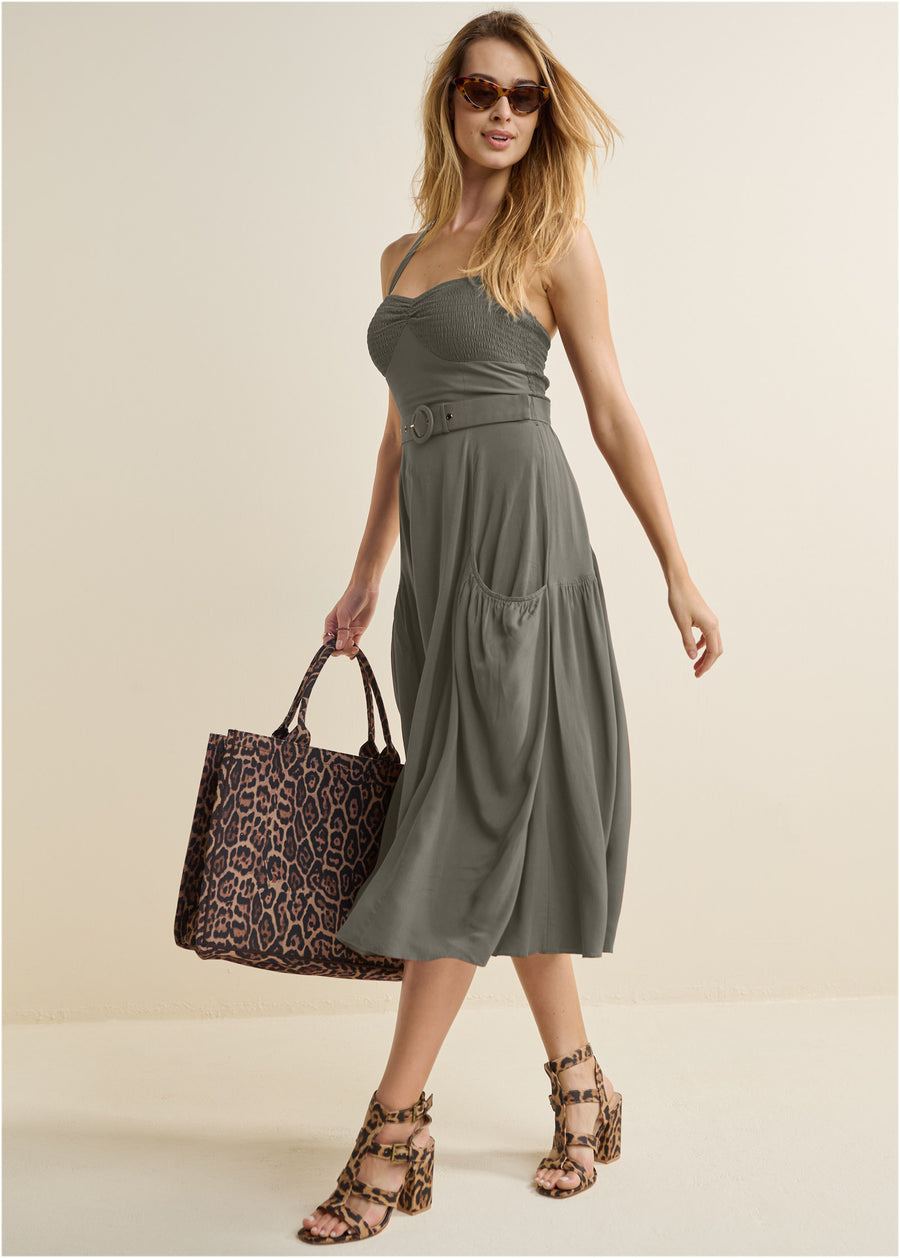 Robe midi dos nu ceinturée - Olive