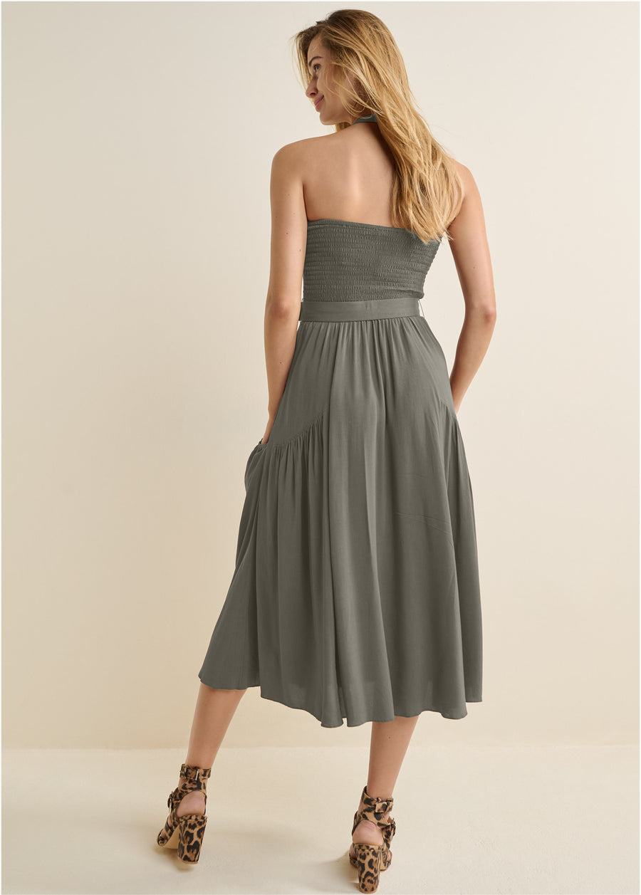 Robe midi dos nu ceinturée - Olive