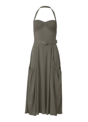 Belted Halter Midi Dress - Olive - thumbnail-3