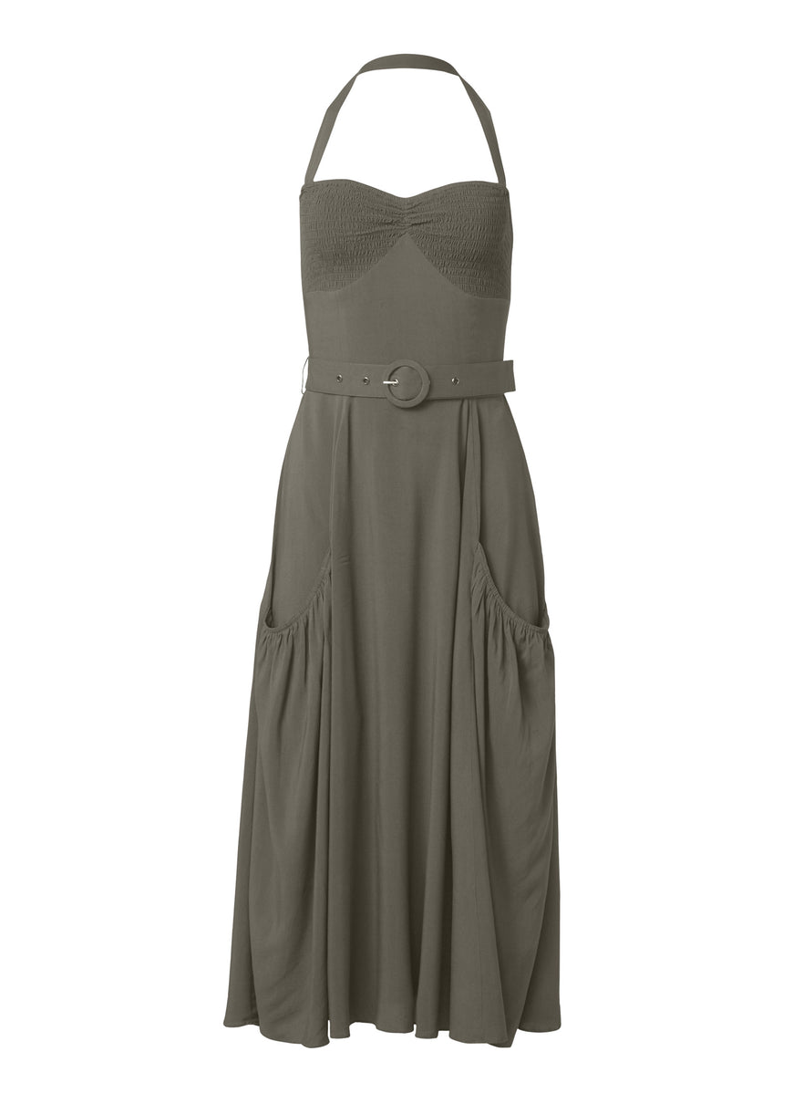 Robe midi dos nu ceinturée - Olive