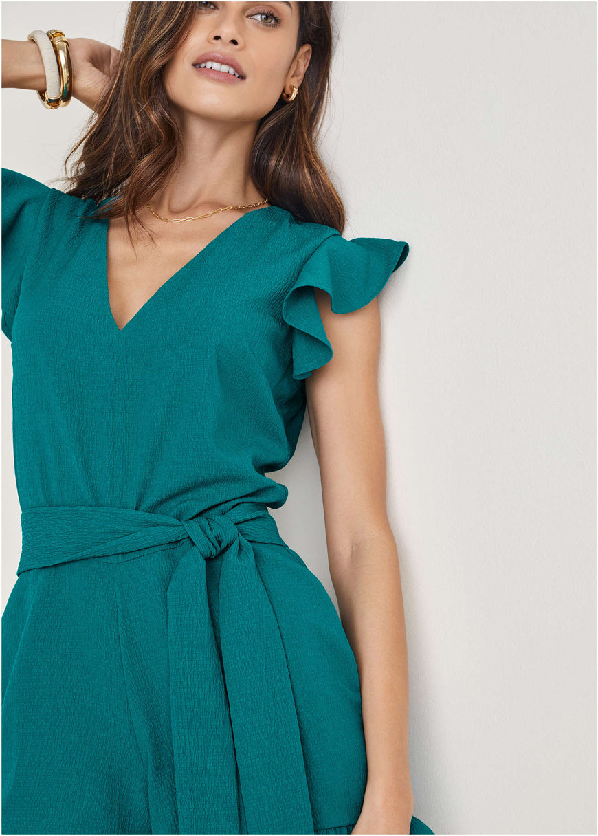 Fluted Satin Romper - Teal