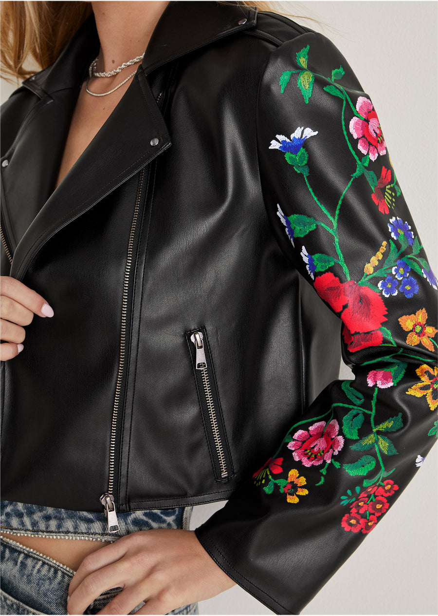 Printed Faux-Leather Jacket - Black