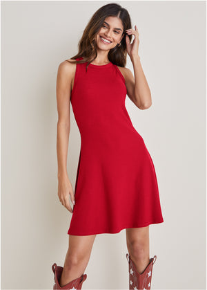 Ribbed fit and flare dress - Red - thumbnail-1