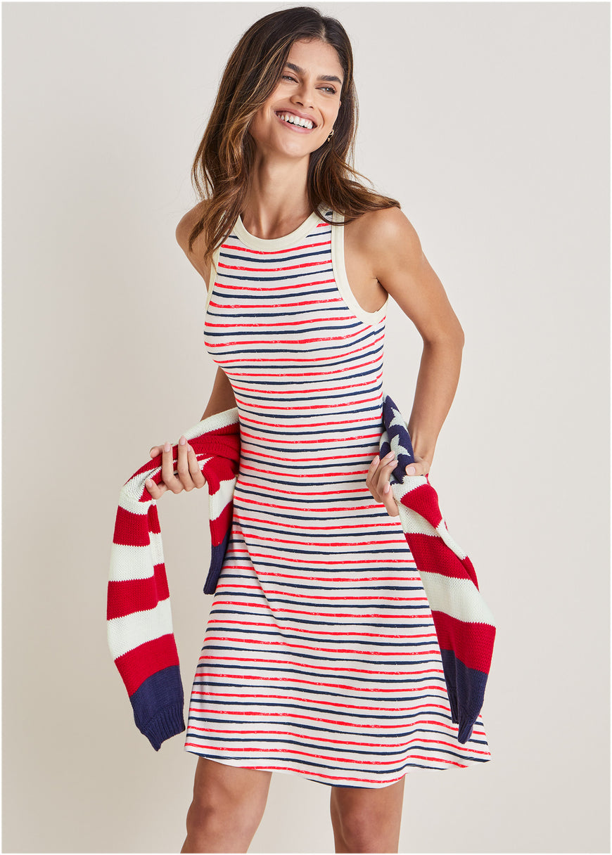 Printed Rayon Span Dress - Tricolor Boardwalk Stripe