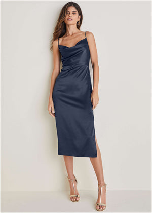 Cowl neck slip dress - Navy - thumbnail-1