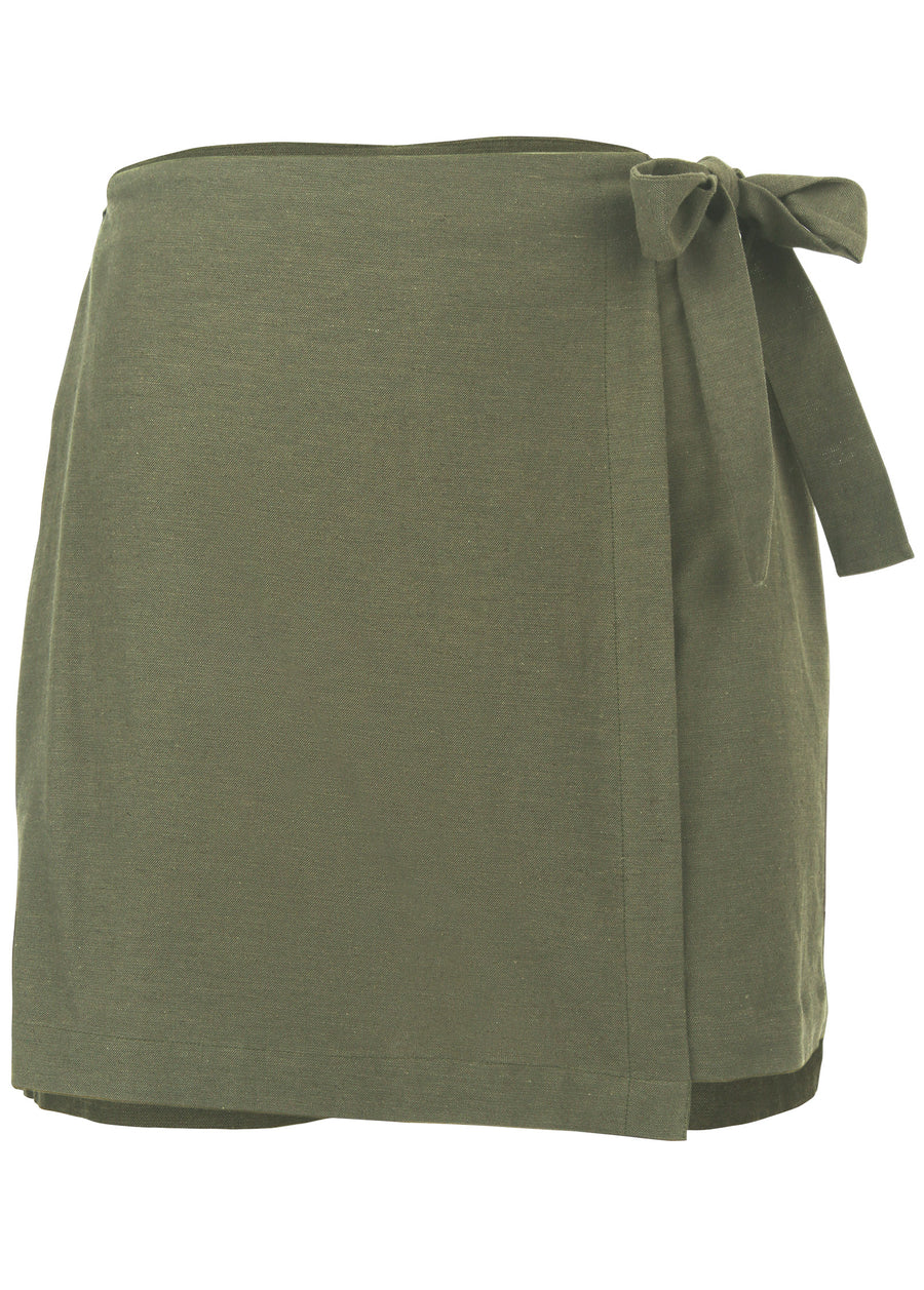 Jupe-short portefeuille en lin - Olive