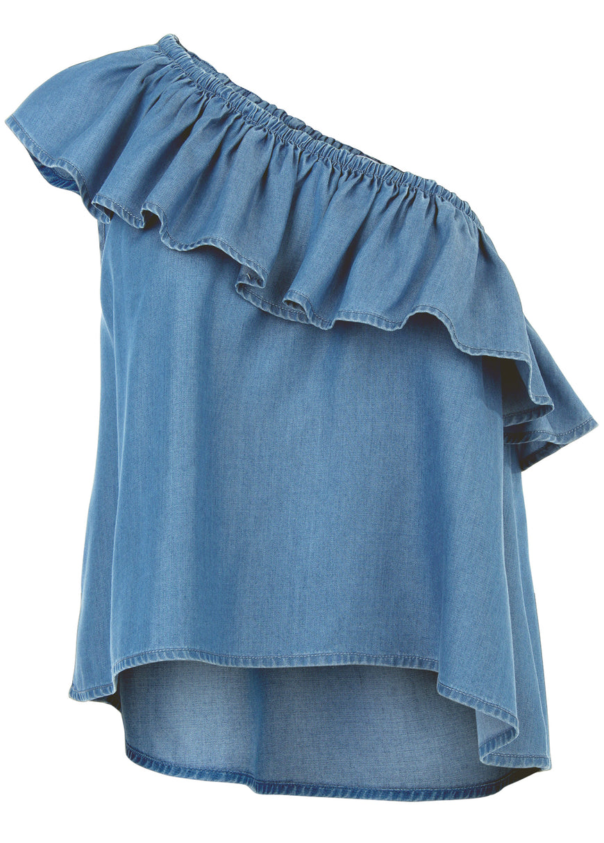 Chambray Ruffle Top - Medium Wash