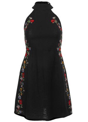 Cotton Linen Floral Dress - Black - thumbnail-5