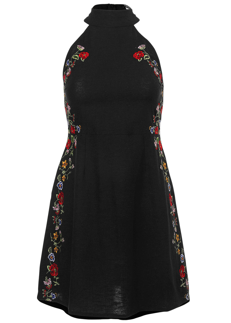 Cotton Linen Floral Dress - Black