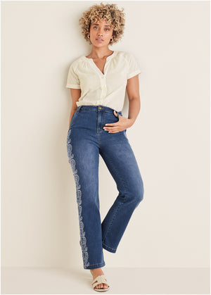 Side Embroidered Jeans  - Medium Wash - thumbnail-5