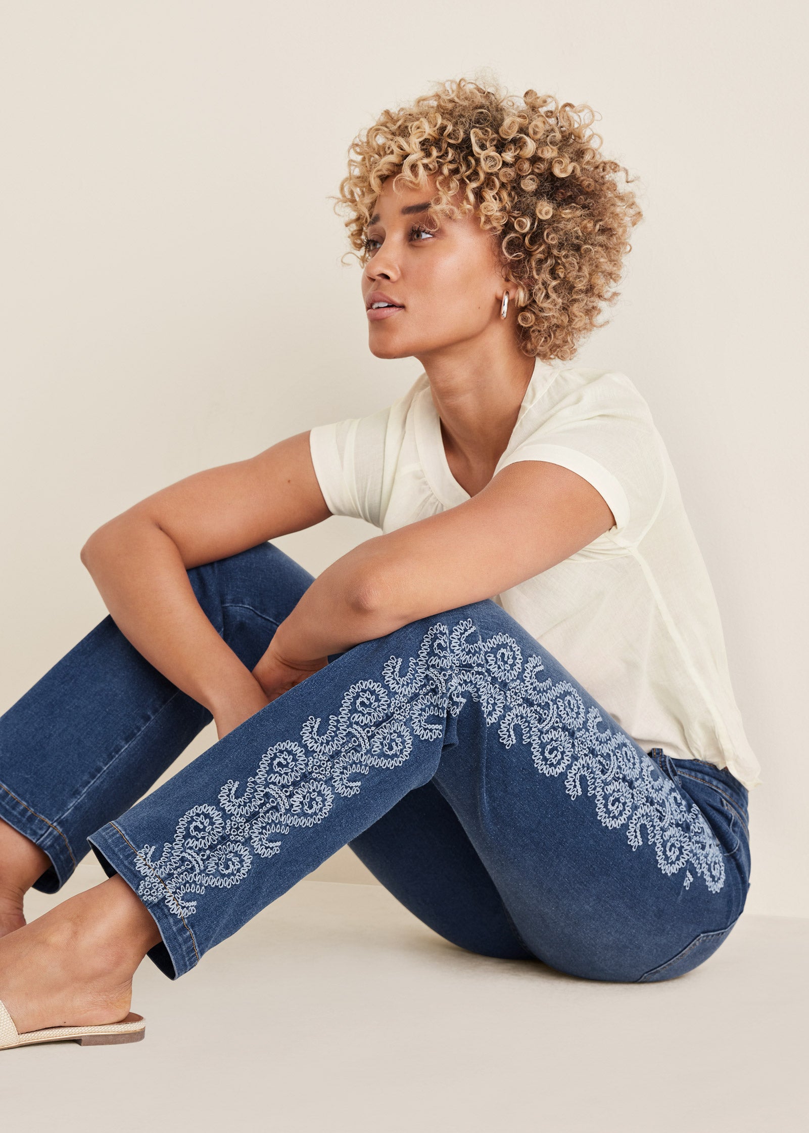 Side Embroidered Jeans  - Medium Wash