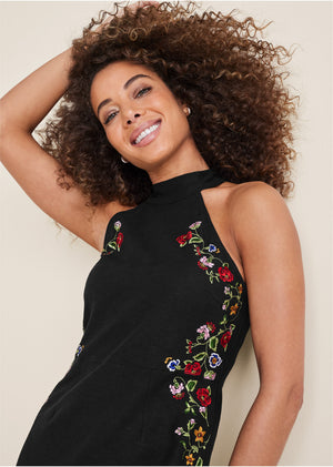 Cotton Linen Floral Dress - Black - thumbnail-4