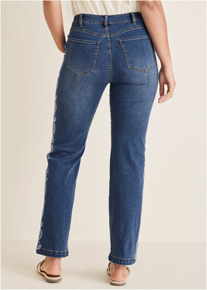 Side Embroidered Jeans  - Medium Wash - thumbnail-2