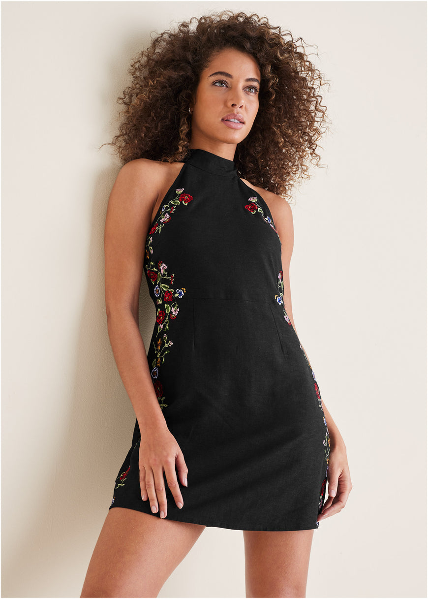 Cotton Linen Floral Dress - Black