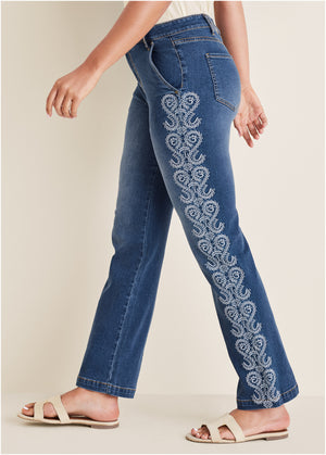 Side embroidered jeans  - Medium Wash - thumbnail-1