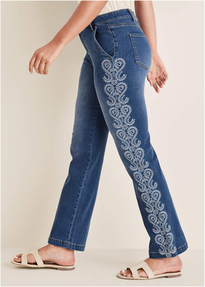 Side embroidered jeans  - Medium Wash