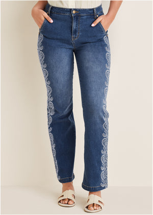 Side Embroidered Jeans  - Medium Wash - thumbnail-3