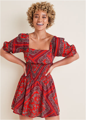 Cotton Voile Mini Dress - Bandana Red - thumbnail-1