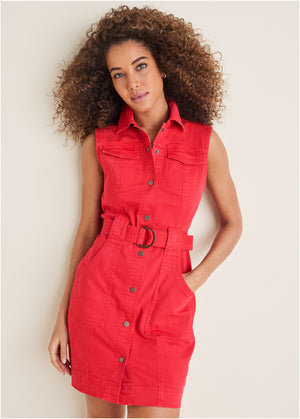 Colored Twill Utility Dress - Scarlet - thumbnail-1