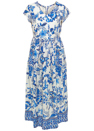 Floral V-Neck Midi Dress - Blue & White - thumbnail-2