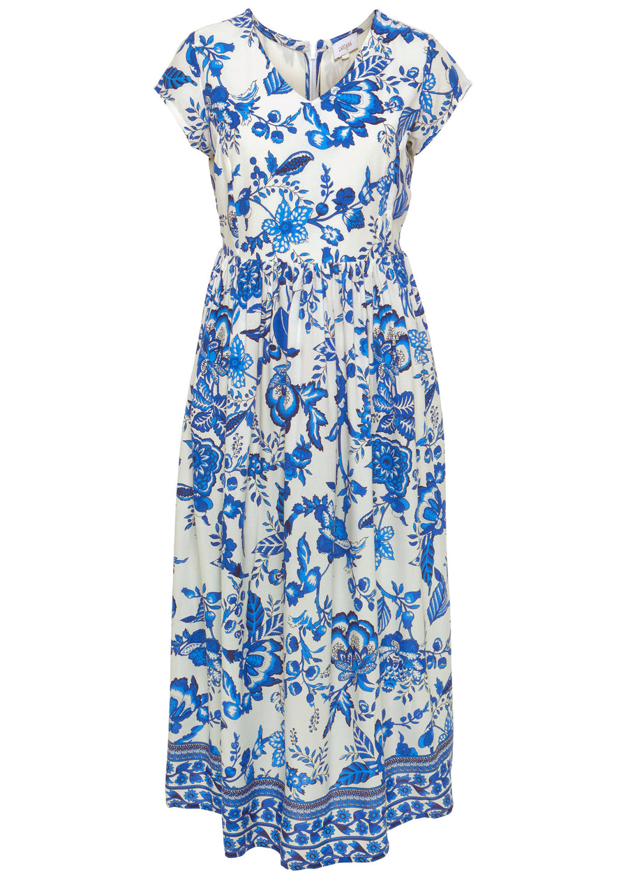 Floral V-Neck Midi Dress - Blue & White