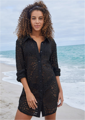 Lace Button Down - Black - thumbnail-1