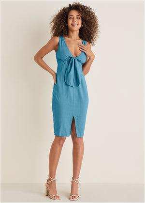 Tie Front Midi Dress - Blue - thumbnail-1