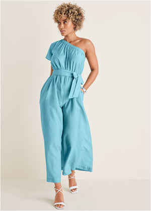 One shoulder jumpsuit - Blue - thumbnail-1