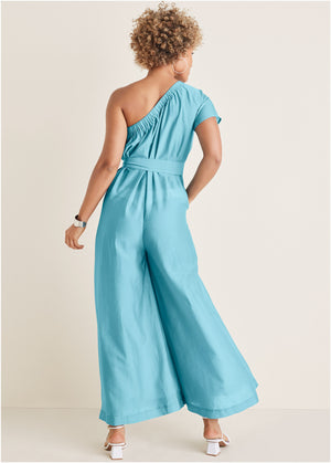 One Shoulder Jumpsuit - Blue - thumbnail-2