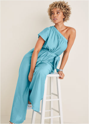 One shoulder jumpsuit - Blue - thumbnail-4