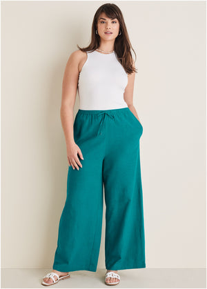 Cotton Linen Wide Leg Pants - Teal - thumbnail-8