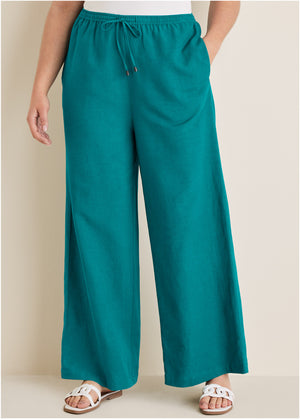 Cotton Linen Wide Leg Pants - Teal - thumbnail-7