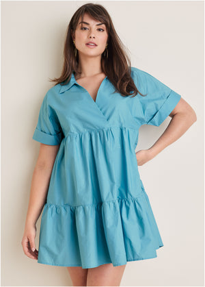 Cotton Poplin Tiered Dress - Blue - thumbnail-5