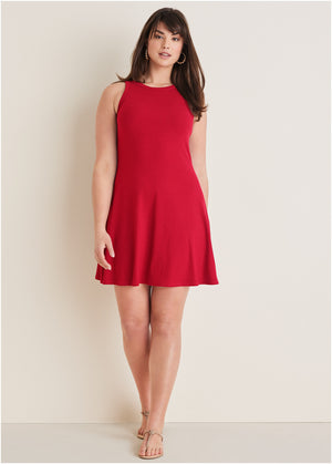 Ribbed fit and flare dress - Red - thumbnail-8