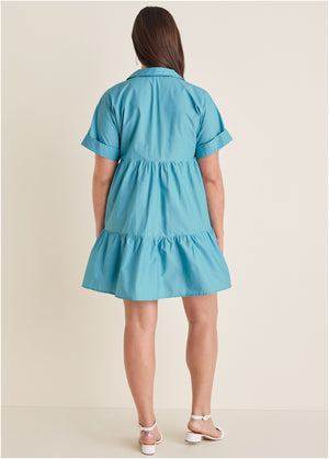 Cotton Poplin Tiered Dress - Blue - thumbnail-6