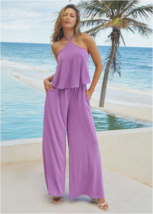 Cross Neck Jumpsuit - Purple - thumbnail-1