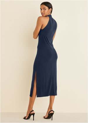 High Neck Midi Dress - Navy - thumbnail-2