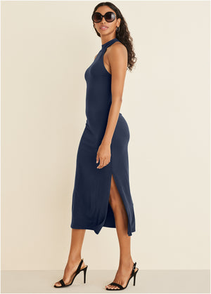 High Neck Midi Dress - Navy - thumbnail-3