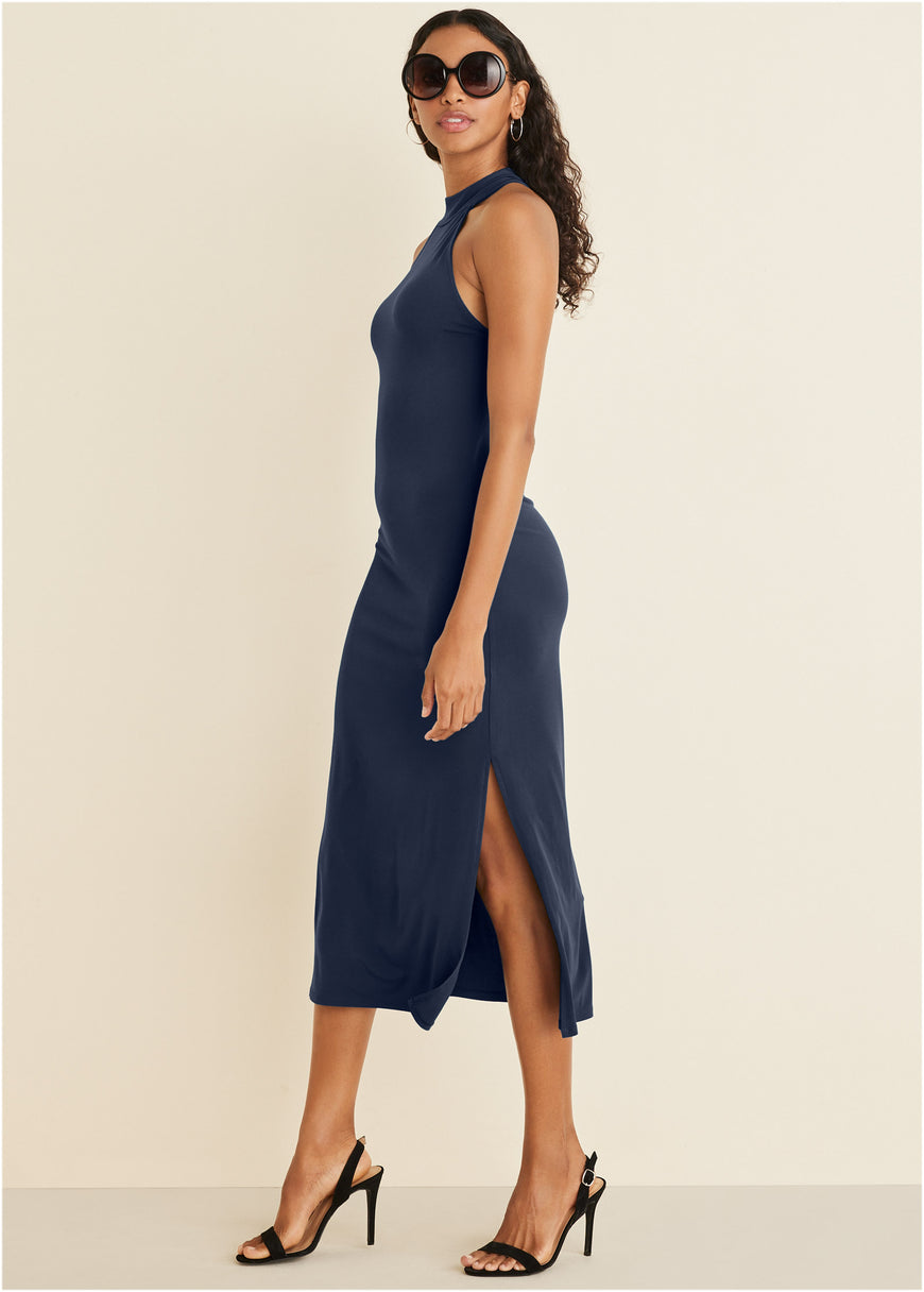 Robe midi col montant - Marine